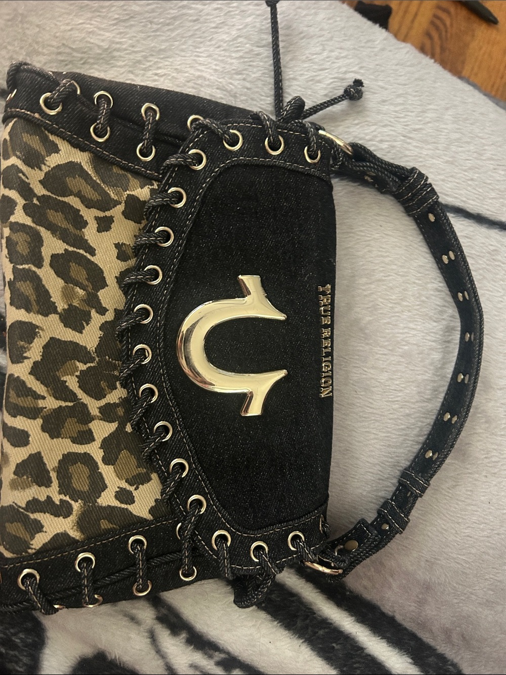 True Religion Black Denim and Leopard-Print Shoulder Bag